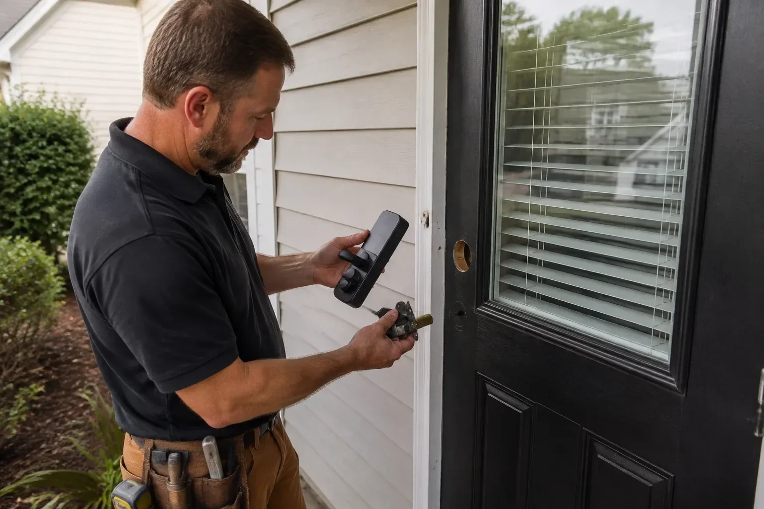 Person holding a black door-handle assembly and a latch beside a glazed door with exposed lock openings. — Smart Lock Installation, Scugog