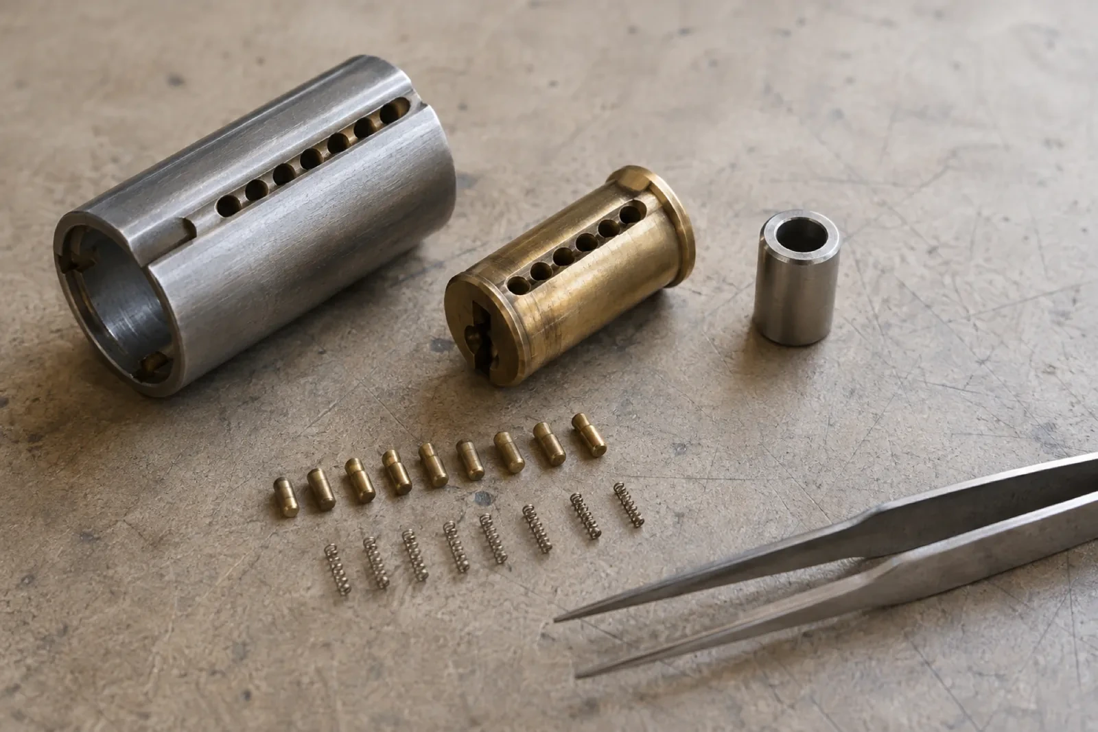 Disassembled brass and steel lock cylinder parts laid on a gray metal surface with small brass pins, springs and tweezers. — Scugog