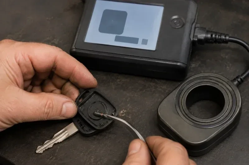Hands using tweezers at an opened car-key head beside a small electronic unit and a ring-shaped accessory. — Transponder Key Programming, Epsom
