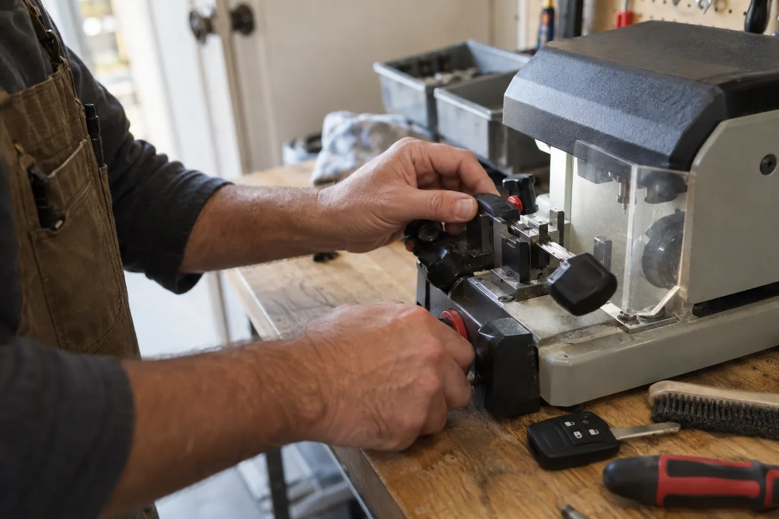 Hands clamping a key blank in a key-cutting machine on a wooden bench, with a car remote, screwdriver and wire brush nearby. — Epsom