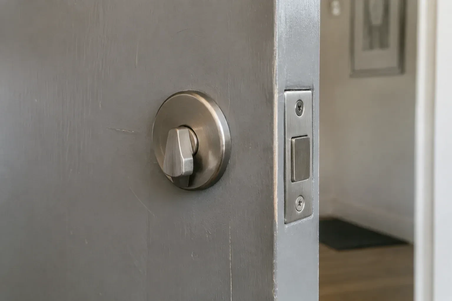 Close view of a satin-nickel deadbolt thumbturn and edge faceplate on a painted timber door. — Deadbolt Installation, Scugog