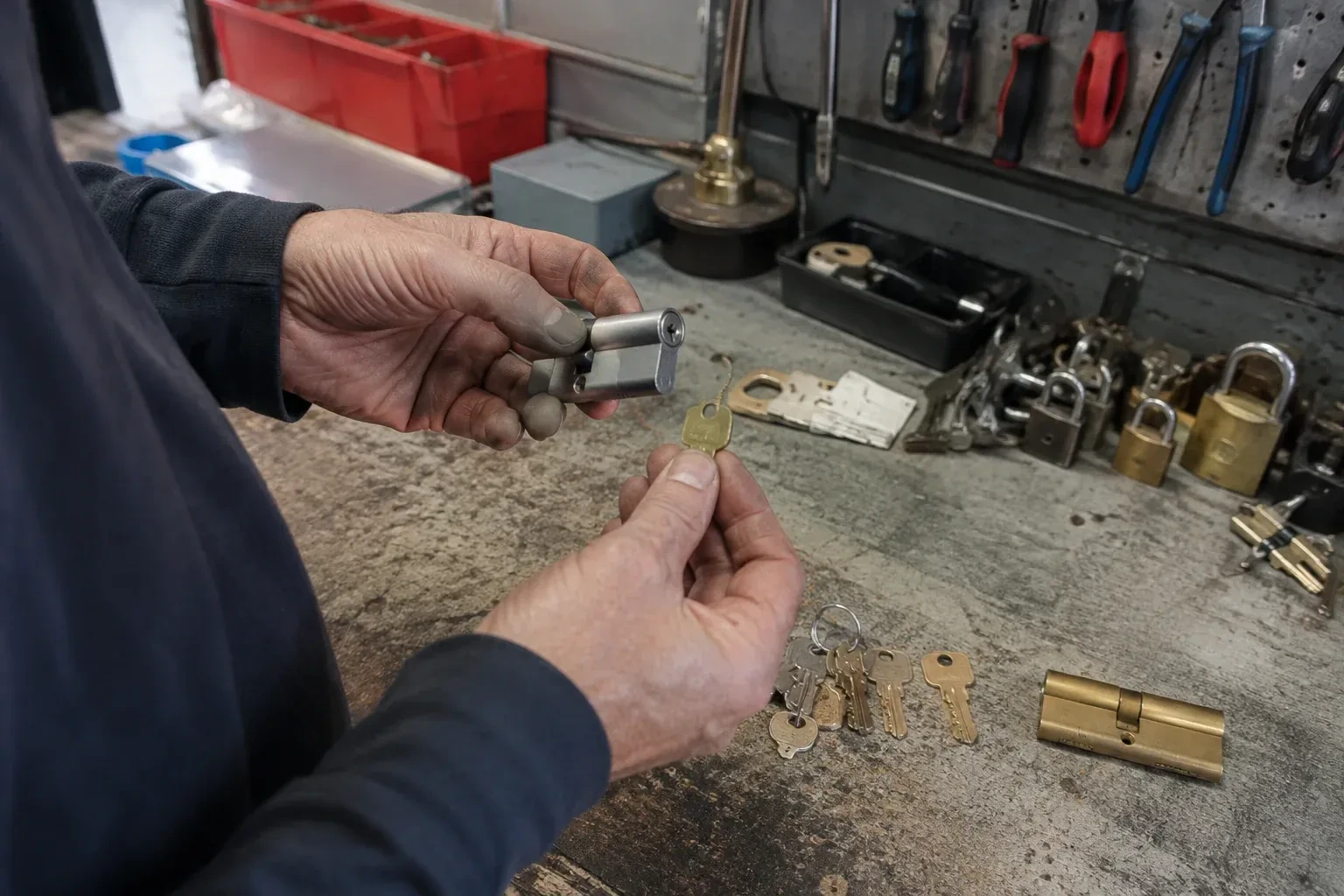Hands holding a silver-colored lock cylinder and a brass-colored key above a workbench with padlocks, keys and tools. — Master Key System Design, Scugog