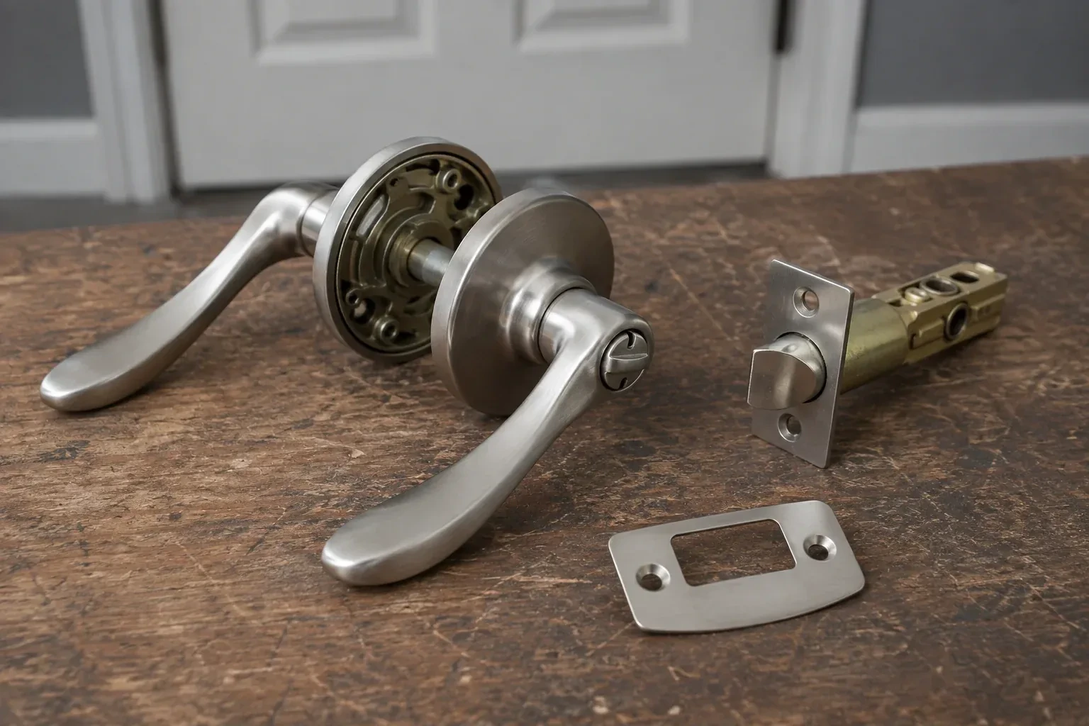 Detached satin-nickel lever hardware, tubular latch and strike plate on a wooden workbench. — Lock Replacement & Upgrade, Scugog