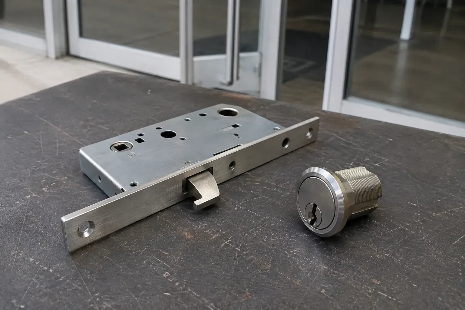 Detached mortise lock body with a projecting hook-shaped bolt beside a threaded cylinder. — Commercial-Grade Lock Replacement, Scugog