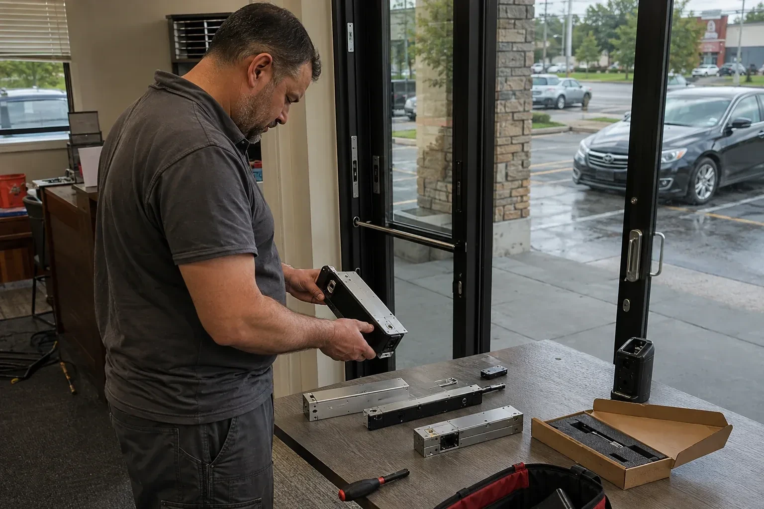 Person holding a rectangular door-hardware housing at a table with additional metal assemblies beside a glass entrance. — Access Control Installation, Scugog