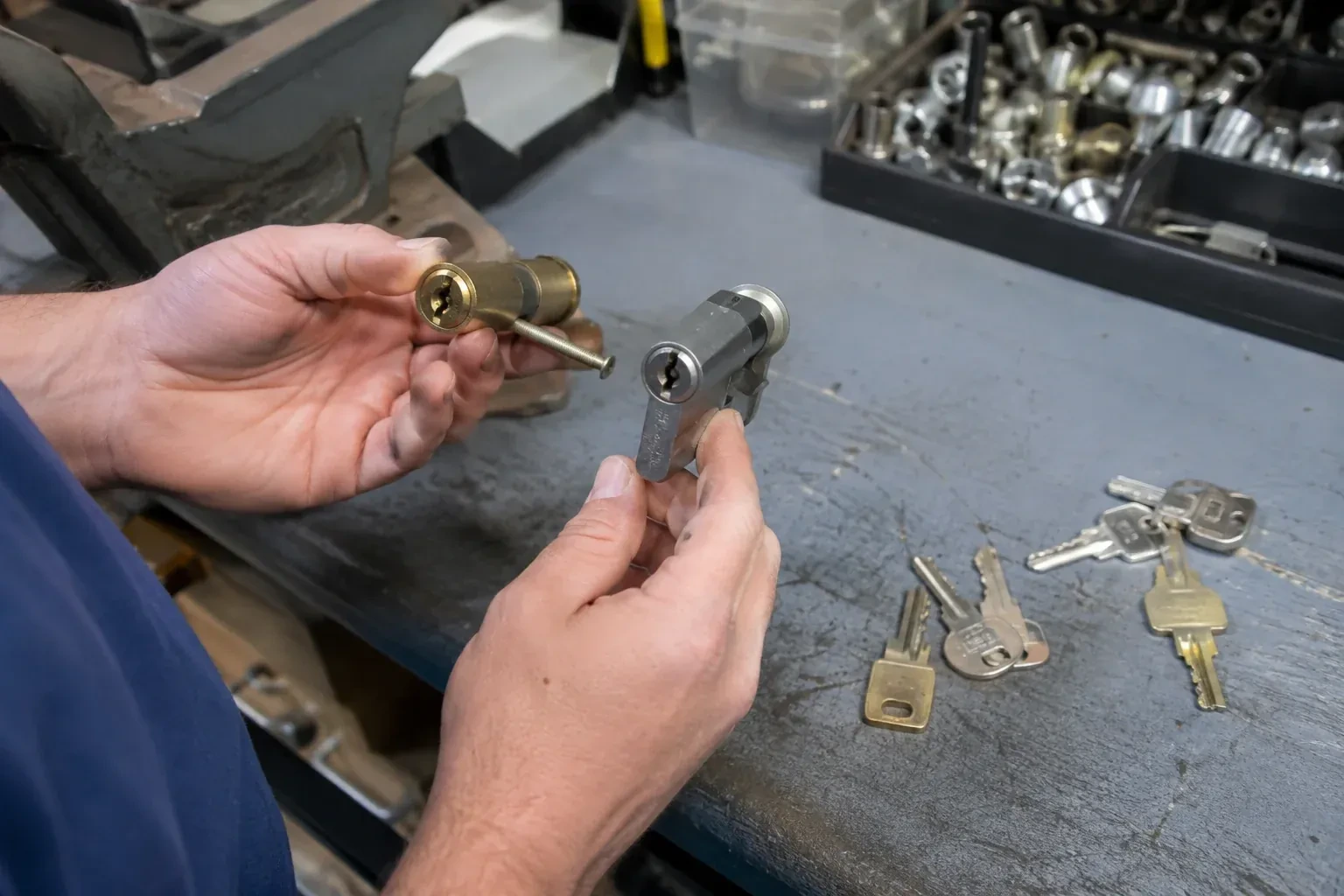 Hands comparing detached lock cylinders beside loose keys on a workbench. — Broken Key Extraction, Scugog