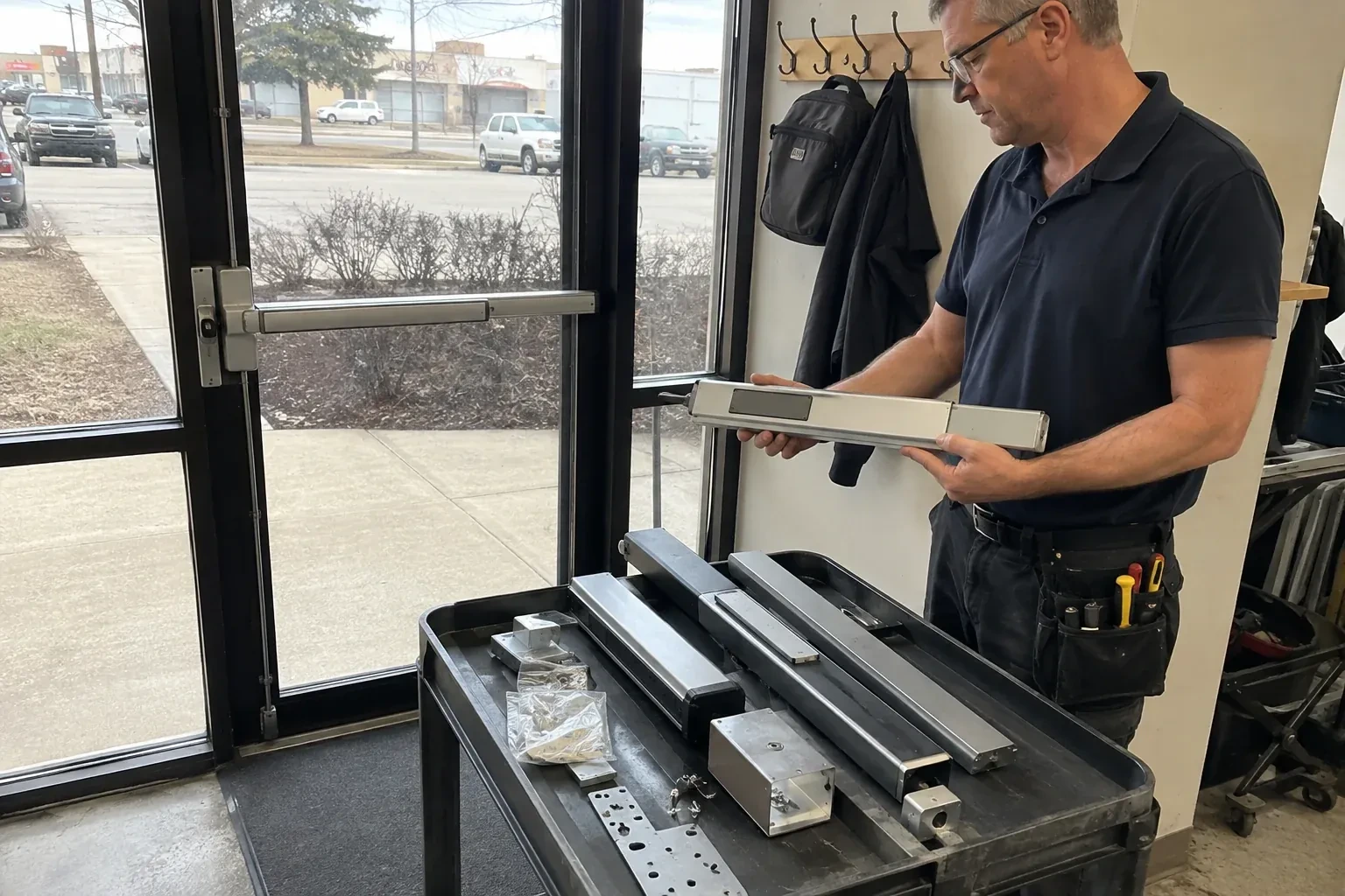 Person holding a long metal door-hardware assembly beside a cart of similar parts and a glass door fitted with a push bar. — Panic & Exit Hardware, Scugog