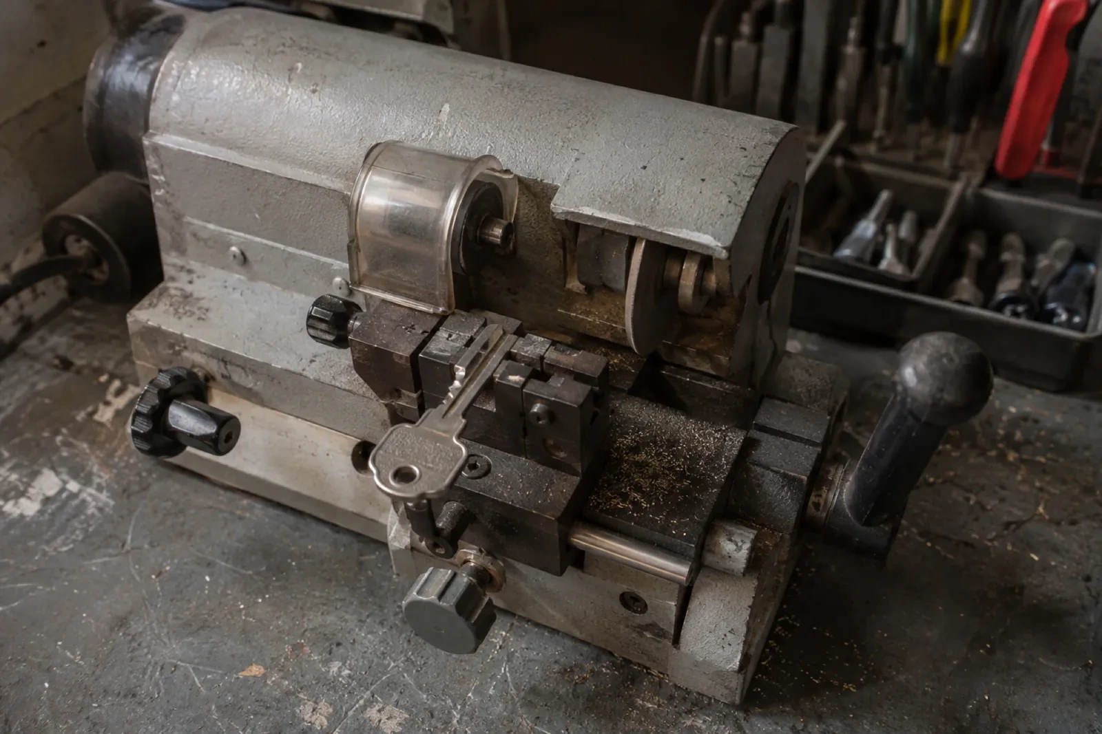 Metal key-cutting machine with a key clamped in its vise, a clear guard over the cutter and a black handle.
