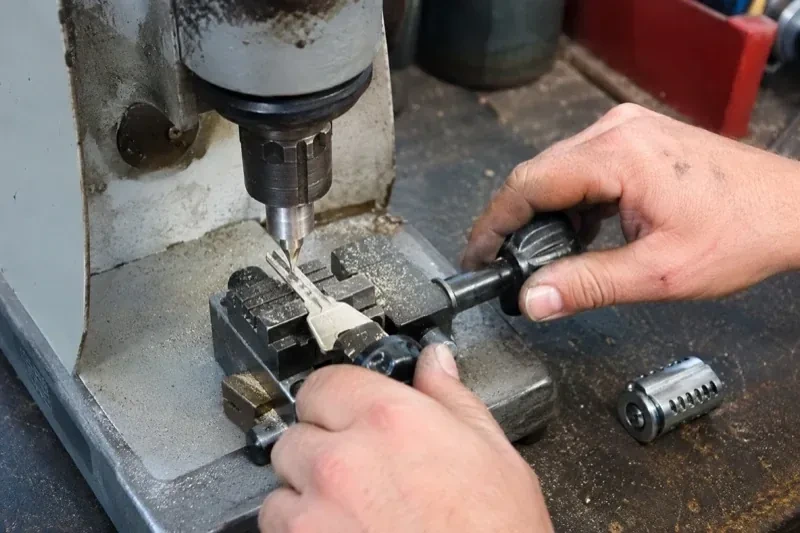 Hands operating a bench-mounted machine with a key clamped beneath a vertical cutter and a loose lock cylinder nearby. — Car Key Replacement, Epsom