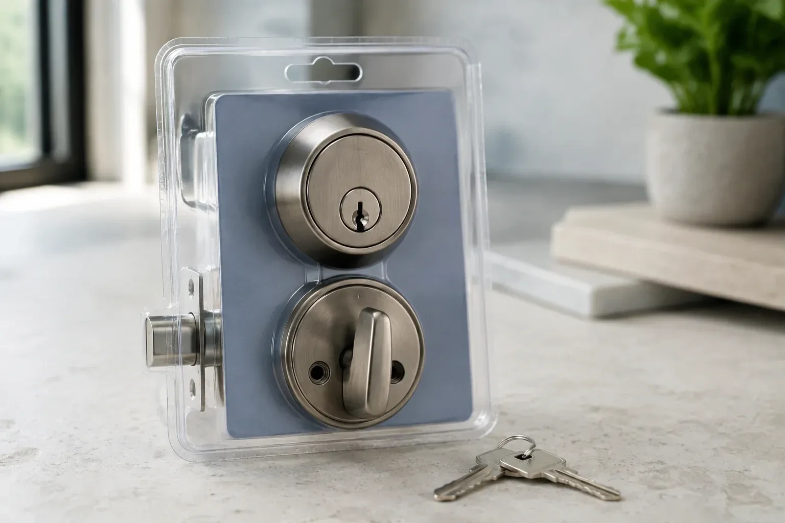 A silver-colored deadbolt set in clear packaging with two keys resting on the countertop in front. — Lock Rekeying, Scugog