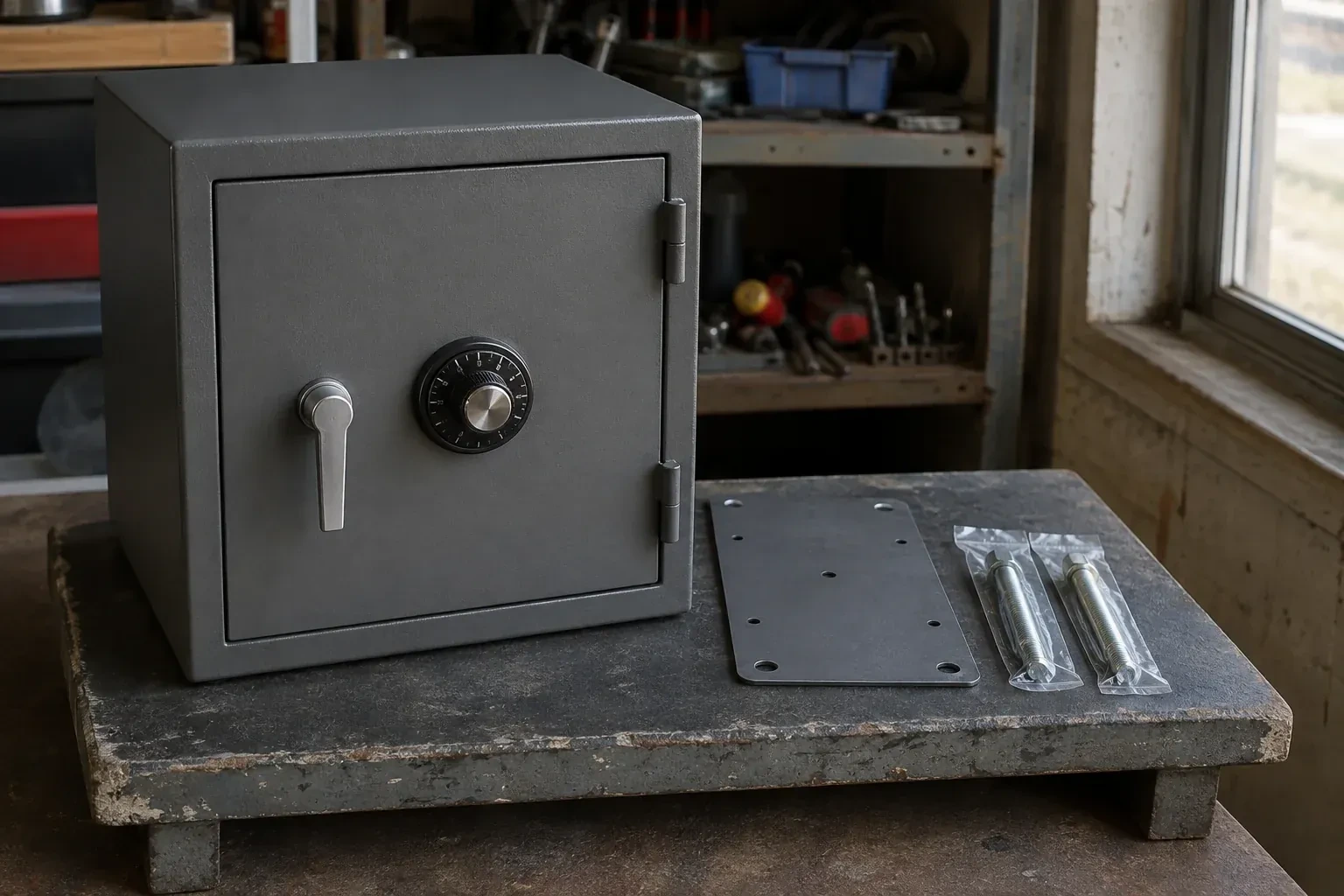 Closed small safe beside a metal plate and packaged fasteners on a workshop bench. — Safe Installation & Servicing, Scugog