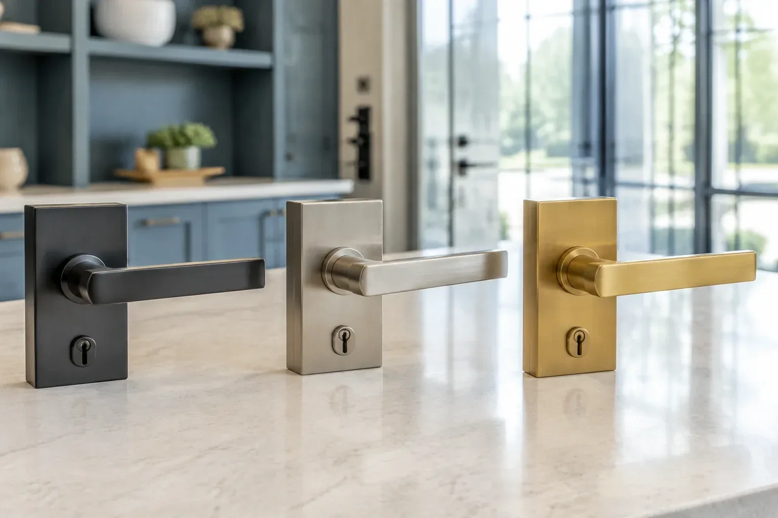 Three rectangular door-handle sets with keyholes in black, silver-colored and gold-colored finishes standing on a countertop. — Commercial Rekeying, Scugog