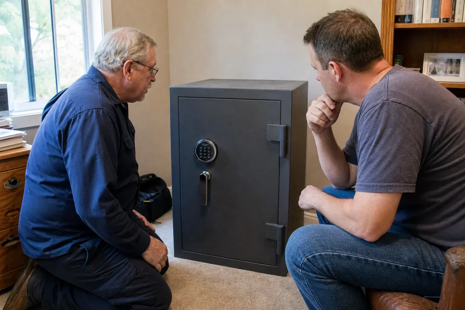 Two adults discussing a closed keypad safe in a home study. — Safe Opening & Combination Change, Scugog