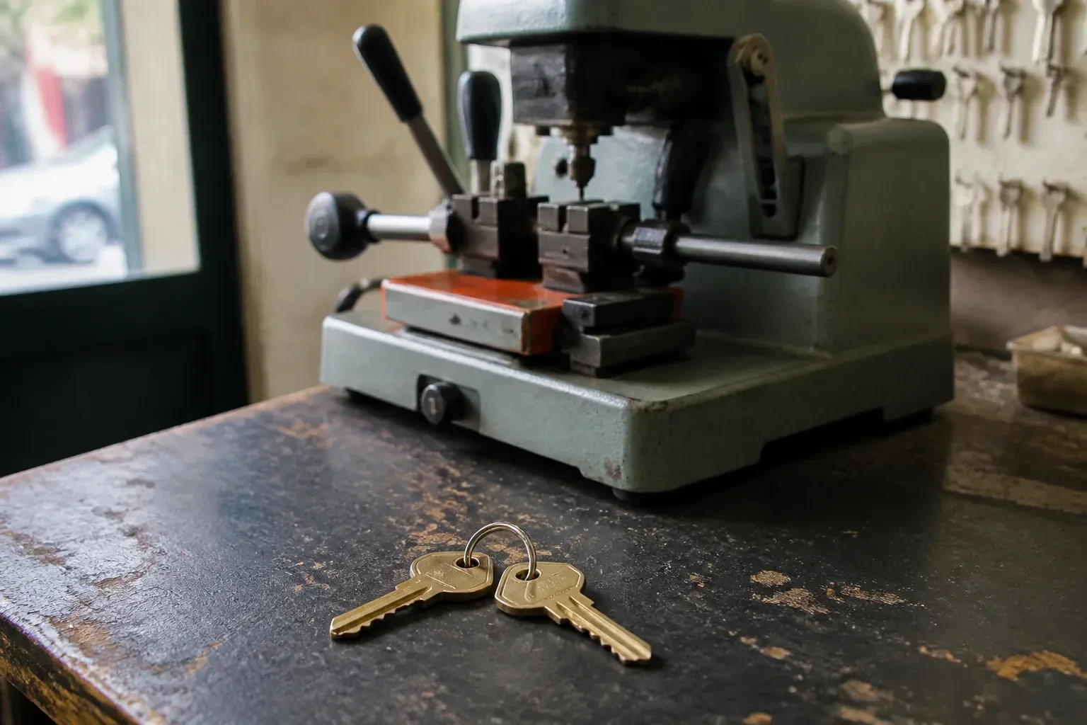 Two brass house keys on a ring resting on a workshop counter. — Spare Car Key Duplication, Scugog