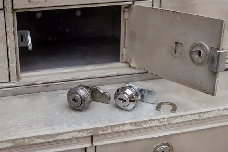 Two loose cam locks and a retaining clip resting below an open metal mailbox compartment. — Mailbox Lock Replacement, Scugog