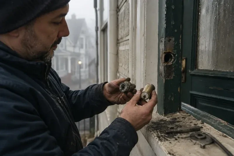Person holding two lock cylinders beside an open painted door, with loose hardware and debris on the sill. — Seized & Jammed Lock Opening, Scugog