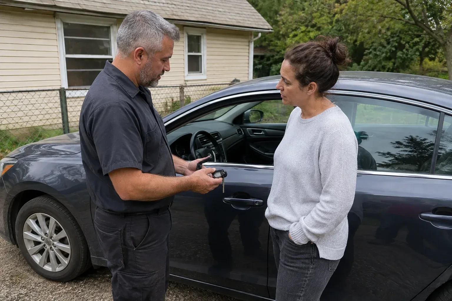 Two people standing beside a car with its window lowered, one holding a key and black key fob. — Ignition Lock Repair, Scugog
