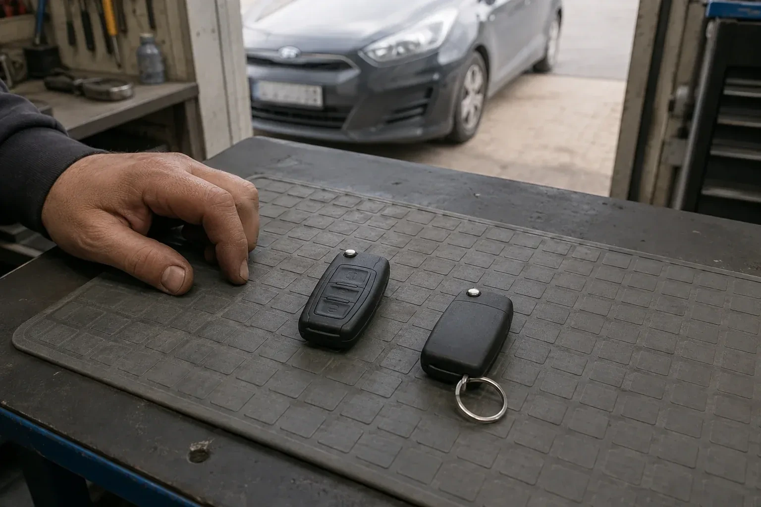 Two vehicle remote fobs on a work mat beside a technician’s hand, with a parked car beyond. — Key Fob Programming, Scugog